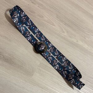 Floral Blue & Brown Women's Fabric Belt with Round Buckle